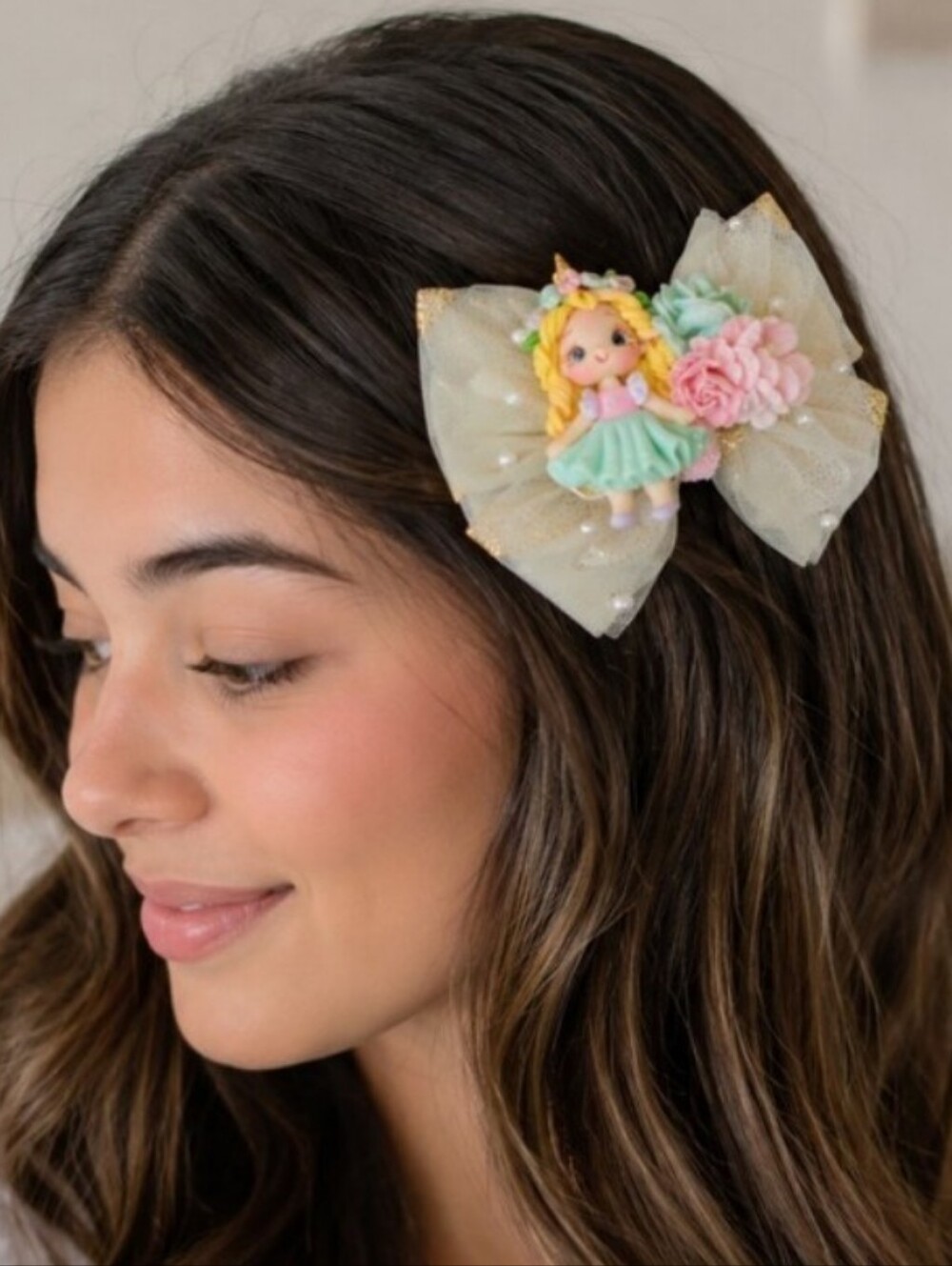 Handmade Cream Tulle Unicorn Doll Bow Hair Clip with Pastel Accents🎀✨ - Picture 3 of 7